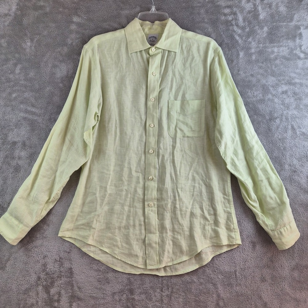 Brooks Brothers Shirt Medium Light Green Irish Linen Slim Fit Travel Vacation